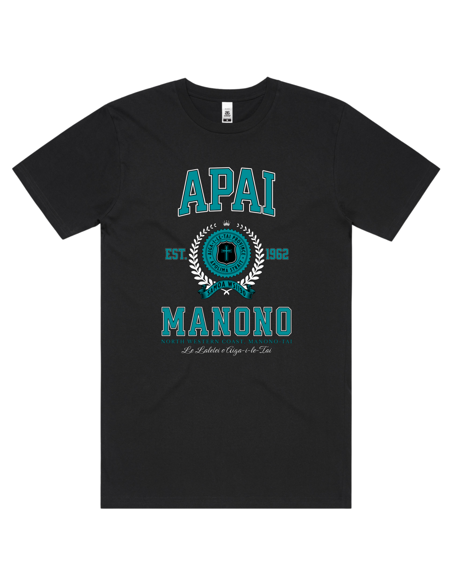 Apai Manono Varsity Tee 5050 - AS Colour - Aqua Print