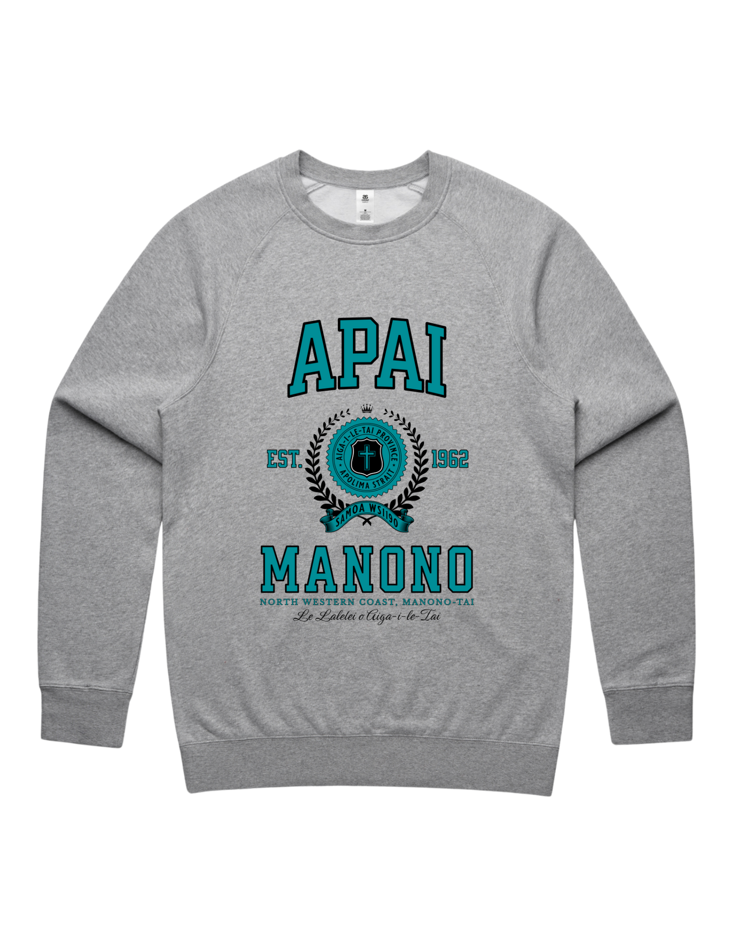 Apai Manono Varsity Crewneck 5100 - AS Colour - Aqua Print