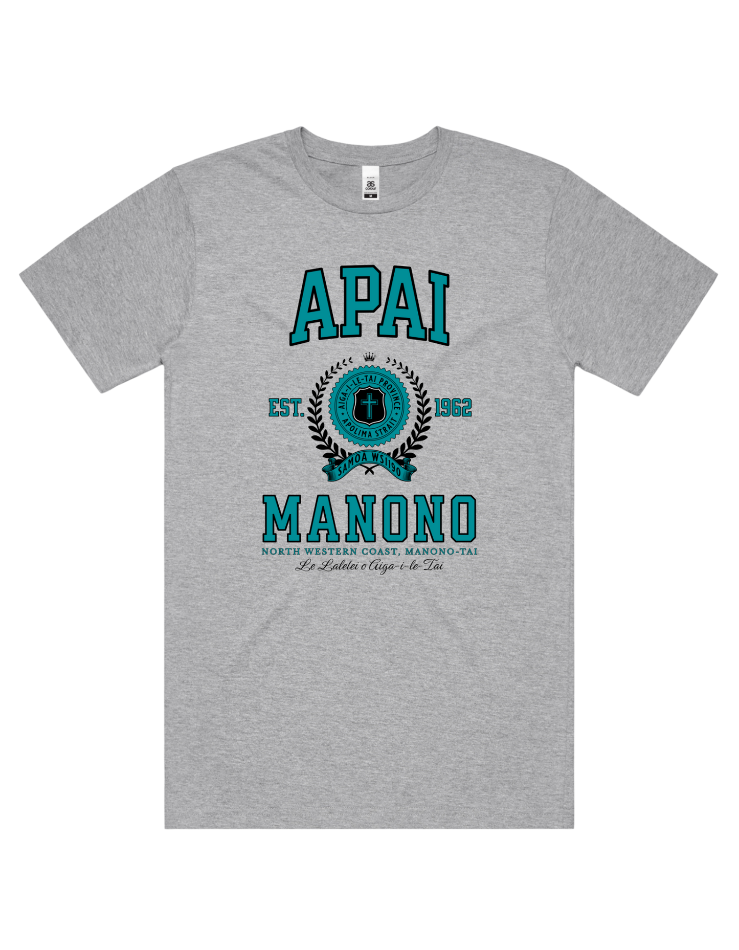 Apai Manono Varsity Tee 5050 - AS Colour - Aqua Print